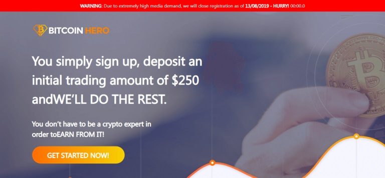 hasło promocyjne bitcoin przycisk rejestracji fioletowe tło półprzezroczysta dłoń trzymająca monetę bitcoin strona internetowa kryptobota