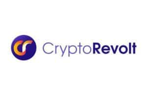 logo robota crypto revolt fioletowy napis białe tło pomarańczowe elementy