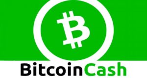 zielone tło logo bitcoin cash środek symbol kryptowaluty czarno zielony napis nazwa dół obrazka