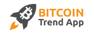 logo BTC Trend App rakieta symbol bitcoin białe tło szaro pomarańczowy napis